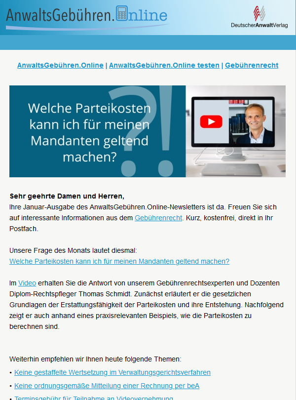 Newsletter zum Gebührenrecht
